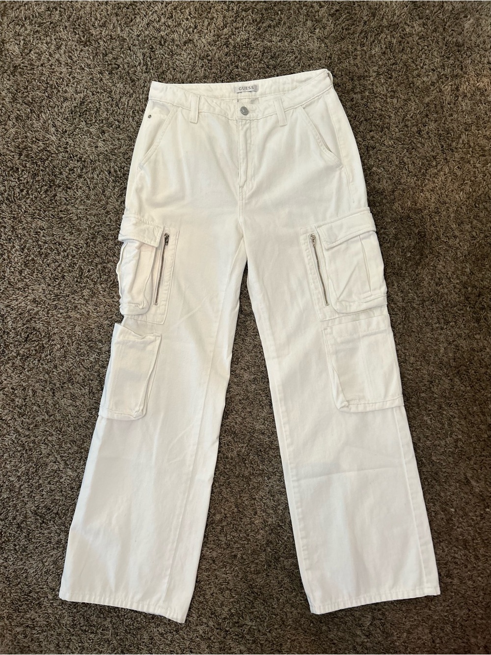 GUESS White Utility Cargo Pants with Zip Pockets